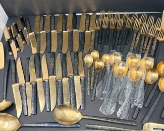 Very Large Set of Vintage BrassTone Flatware w HammeredStyle Handles, Assorted Utensil Types