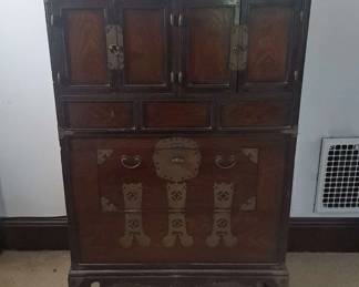 Korean Hardwood Storage Cabinet or Chest w Decorative Brass Hardware