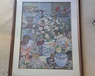 Framed AsianInspired Still Life Art Print with Birds, Flowers Decorative Pottery, Approx