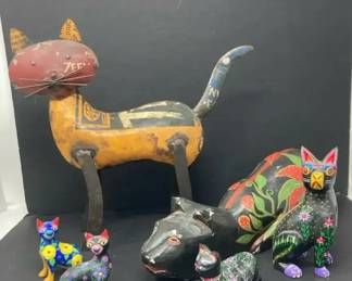 Lot of Colorful Folk Art Cat Figures in Enameled Wood and Metal, At Least Some of Mexican Origin