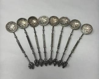 Set of 8 European Silver St. George The Dragon Coin Spoons Rams Head Finial