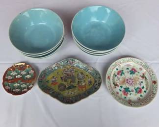 Vintage Asian Style Blue MultiColor Porcelain Bowls Plates Serving Lot