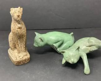 Lot of 3 Decorative Cat Figurines Egyptian Bastet Style Verdigris Reclining Cats