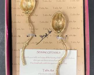 Boxed Pair of Table Art Handcrafted Gold Tone Pod Spoons