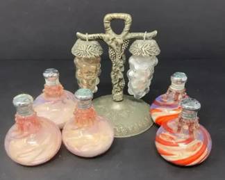 Lot of Hand Blown Glass Salt and Pepper Shakers 5 Individual and 1 Set wGrape Motif on Metal Stand