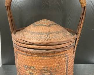 Large Handwoven Rattan and Bamboo Gathering Basket w Bentwood Handle, Fitted Dome Lid 2nd