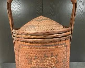 Large Handwoven Rattan and Bamboo Gathering Basket wBentwood Handle, Fitted Dome Lid