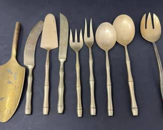 Vintage Thai Siam Bronzeware Serving Utensils w BambooStyled Handles, and Brass Spade Spatula