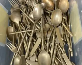 Large MidCentury Modern Flatware Set w Satin Finish and BambooStyle Handles