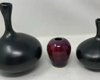 Lot of 3 Three Modernist Studio Pottery Vases Covered in Matte Black Sang de Boeuf Oxblood Glazes