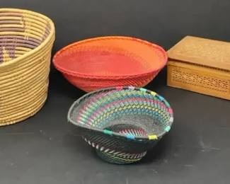 Lot of 4 Handcrafted Storage Vessels in Fiber and Wood 3 Baskets and 1 Box