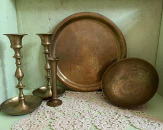Brass Decorative Tray & Candlesticks