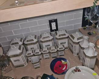 Antique porcelain kitchen canister and spice set