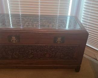 Carved top chest with engraved top - front view