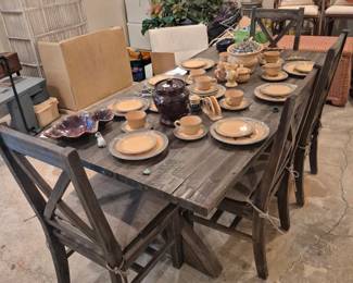Sturdy farmhouse table with 4 chaors and bemch, also has hidden leaf under table for easy expansion