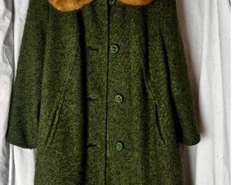 Vintage Bettijean Olive Green Wool Swing Coat Trimed with a Genuine Mink Collar- Union Made in the USA - Likely M/ L