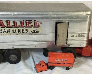 Pair of Vintage Allied Van Toy Trucks - 12.5" Linemar Co., Inc. Orange Lithographed Tin with Friction Motor and 23" Wyandotte Toys Tractor-Trailer Semi Truck
