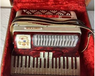 Vintage 1950's Noble "Nobility" United Piano Accordian - Made in Italy - Red Marbled Pearloid / Celluloid Finish -Includes Original Hardshell Case and Straps