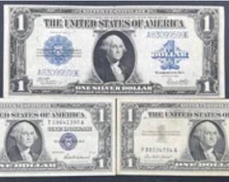 1923 - $1 Silver Certificate "Horse Blanket" - A83099599E (7.375" x 3.125") and 2- 1957 Series US $1 Silver Certificates