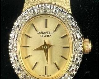 Vintage Caravelle by Bulova Women's Cocktail Watch - Textured Gold-Toned Bracelet with Crystal-Set Decorative Bezel