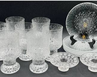 Iittala Ultima Thule Footed Glasses, Bread & Butter Plates by Tapio Wirkkala plus Two Stellaria Candle Holders by Kjell Blomberg