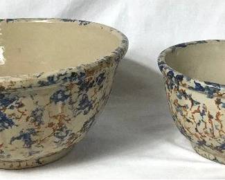 Pair of 2 Vintage 1920's Red Wing Sponge Panel Bowls - 11" Bowl and 8" Bowl stamped with Hartman's Store in Pierz, MN