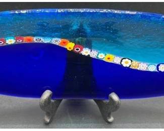 Authentic Murano Glass Fused "Cascata" Long Dish featuring Multicolored Millefiori Floral Glass Canes. 11" x 4" - Murano - Made in Italy Sticker on Back