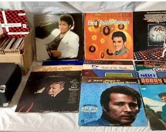 Victrola Portable Record Player (Plays 45's, 33-1/3, and 78's) and Box of 45's and Albums
