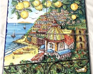 Hand- Painted Italian Ceramic Tiles Mural Scene Depicting Positano, Italy - (4 Tiles- 7.75" x 7.75")