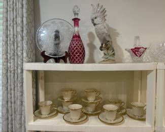Lenox Eternal Cups and Saucers, Bohemian Ruby Decanter
