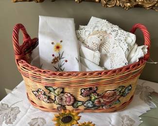 Painted Basket, Vintage Linens