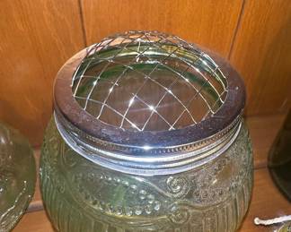 Vintage Green Glass Flower Frog Bowl with Embossed Scrollwork and Bead Detail