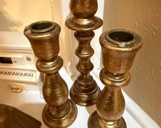 Set of Three Turned Wood Gilded Candlesticks
