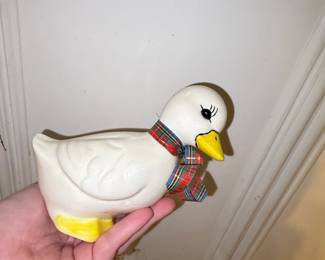 Aunt Belle Handmade Ceramic Duck Figurine with Plaid Ribbon