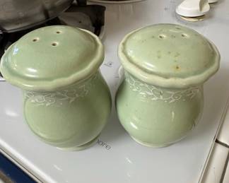 Vintage Celadon Crackle Glaze Floral Vine Salt and Pepper Shakers