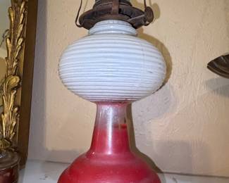 Vintage Oil Lamp with Ribbed Milk Glass Shade and Red Pedestal Base