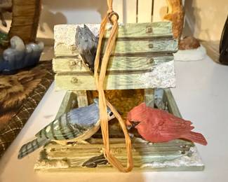 Hand-Painted Resin Bird Feeder Ornament with Blue Jay and Cardinal