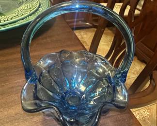 Viking Glass Bluenique Cerulean Blue Glass Serving Bowl Basket