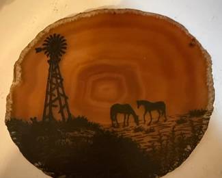 Hand Painted Farm Scene Agate Slice with Windmill and Horses