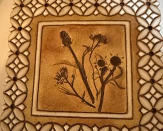 Mid-Century Ceramic Botanical Tile Trivet with Geometric Border