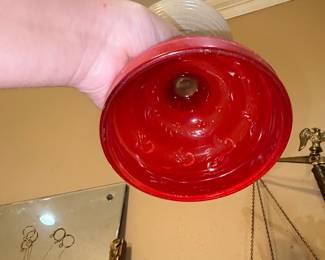 Vintage Oil Lamp with Ribbed Milk Glass Shade and Red Pedestal Base