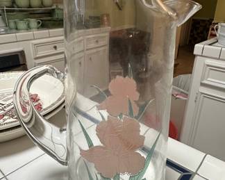 Vintage Cerve Frosted Glass Pitcher with Pink Irises