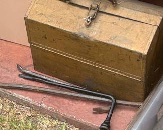 Vintage Metal Tool Box with Lug Wrench and Pry Bar