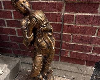 Vintage Cast Resin Boy with Jug Statue, Faux Bronze Finish