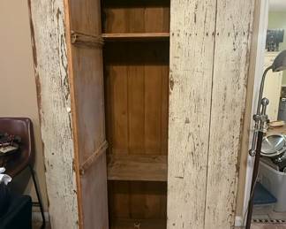 Antique Primitive Two-Door Pine Wardrobe with Chippy White Paint