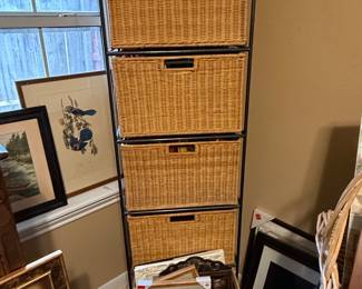 Wicker and Metal Four-Drawer Storage Tower