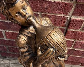 Vintage Cast Resin Boy with Jug Statue, Faux Bronze Finish