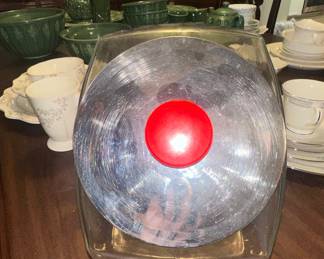 Vintage Glass Countertop Candy Jar with Red Knob Chrome Lid