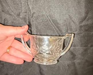 Vintage Etched Floral Glass Sugar Bowl with Applied Handles