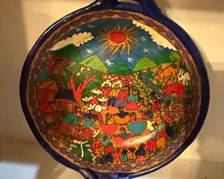 Vintage Mexican Folk Art Hand-Painted Story Bowl with Handles